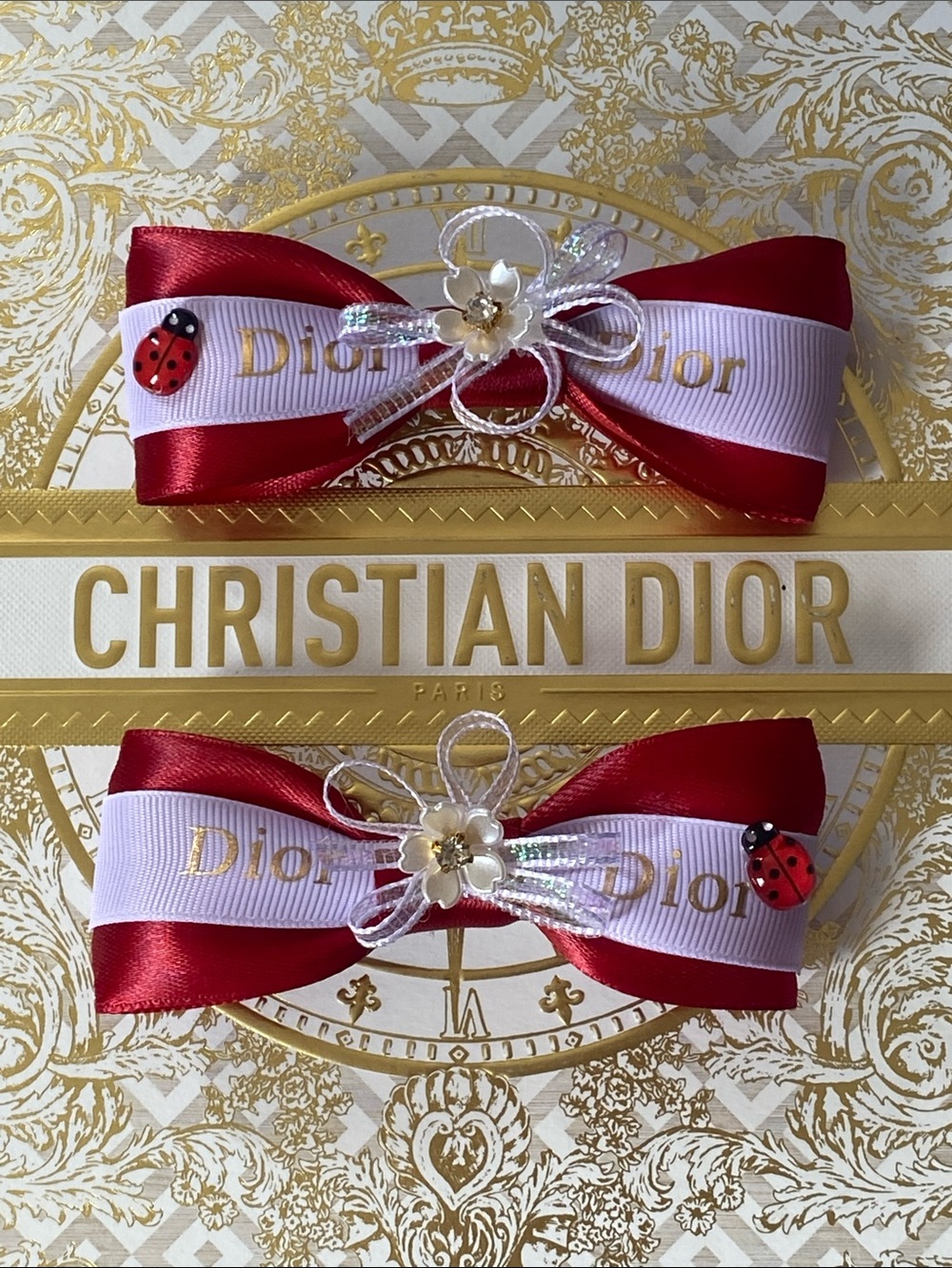 Hand made Kids Dior Red and White Ribbon Hair Bows with Gold Logo